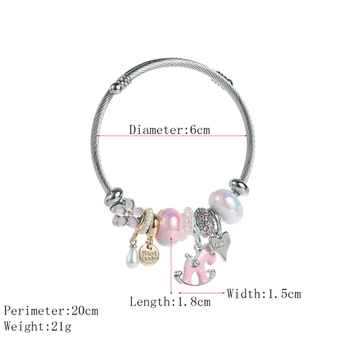 Bracciale Charm in Acciaio Inossidabile per Donna Regolabile Lega Cavallo a Dondolo Gemelli Cuore Perla Artificiale Gioielli