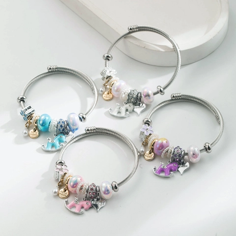 Bracciale Charm in Acciaio Inossidabile per Donna Regolabile Lega Cavallo a Dondolo Gemelli Cuore Perla Artificiale Gioielli