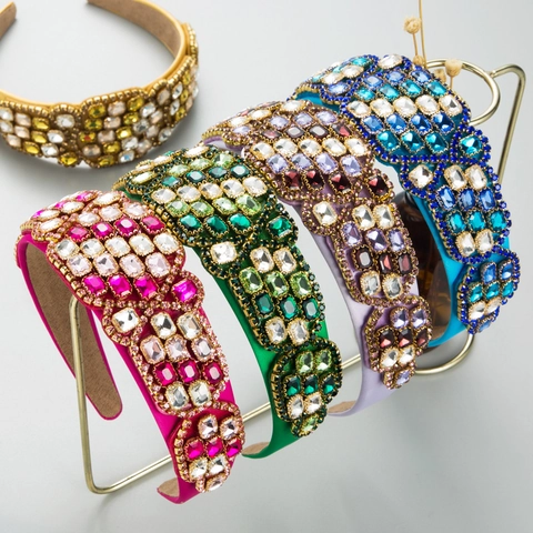 Baroque Vintage Wide Padded Headband Women Luxury Colorful Rhinestone Glass Gemstone Satin Fabric Hair Hoop Accessory