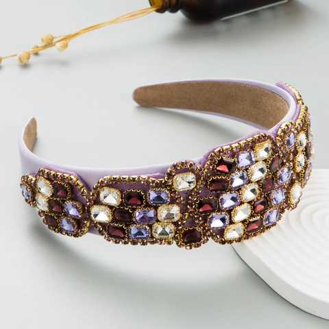 Baroque Vintage Wide Padded Headband Women Luxury Colorful Rhinestone Glass Gemstone Satin Fabric Hair Hoop Accessory