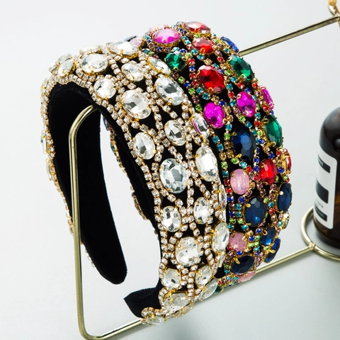 Baroque Style Luxurious Rhinestone Padded Headband Vintage Velvet Colorful Crystal Hair Band For Wedding Party Women Jewelry