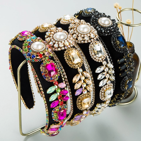 Cerchietto Barocco Vintage con Strass Imbottito in Velluto Fascia per Capelli Spessa Spugna Lusso Fiore Perla Artificial Donna Gioielli