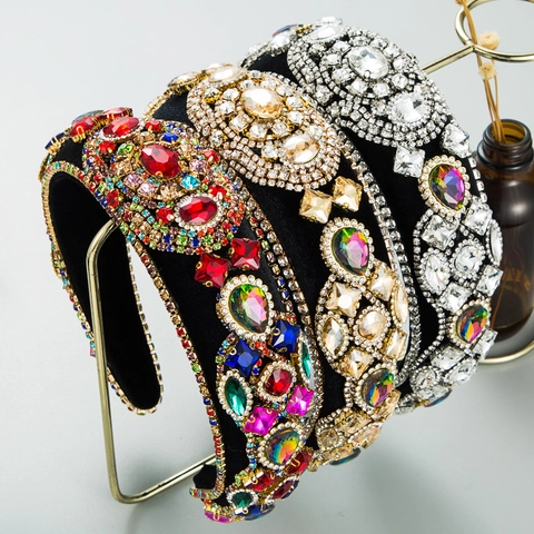 Baroque Vintage Padded Headband Women Luxury Heavy Craft Glass Rhinestone Hairband Velvet Wide Brim Hair Accessories Party
