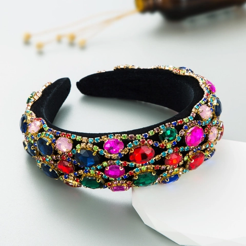Baroque Style Luxurious Rhinestone Padded Headband Vintage Velvet Colorful Crystal Hair Band For Wedding Party Women Jewelry