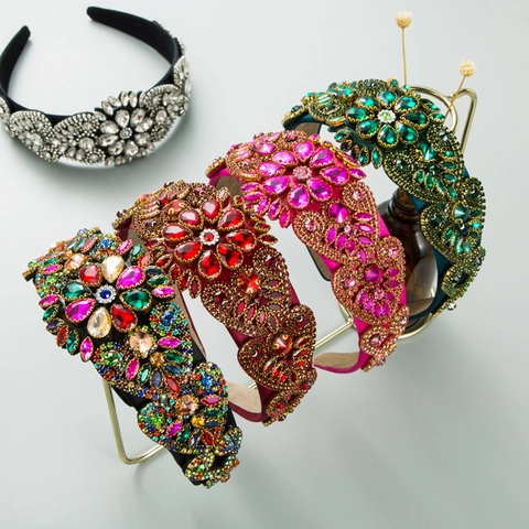 Baroque Wide Headband With Colorful Rhinestones Glass Drill Flower Pattern Vintage Luxurious Headpiece For Women Party