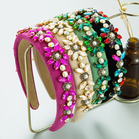 Cerchietto Barocco Retrò in Velluto da Donna Elegante Cerchietto Largo Imbottito con Strass in Vetro e Perle Artificiali Accessorio Floreale