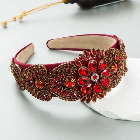 Baroque Wide Headband With Colorful Rhinestones Glass Drill Flower Pattern Vintage Luxurious Headpiece For Women Party