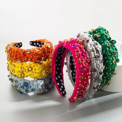 Baroque Retro Rhinestone Knotted Wide Headband For Women Glitter Beaded Luxury Padded Hair Band Fashion Hair Accessories