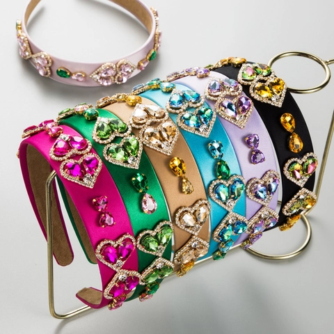 Vintage Baroque Rhinestone Heart Headband For Women Satin Wide Padded Hair Band Elegant Fashion Hair Accessories For Party