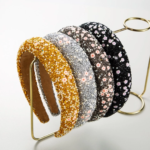 Fashion Padded Sponge Headband With Rhinestone Flower For Women Retro Rhinestone Artificial Pearl Wide Hairband Jewelry