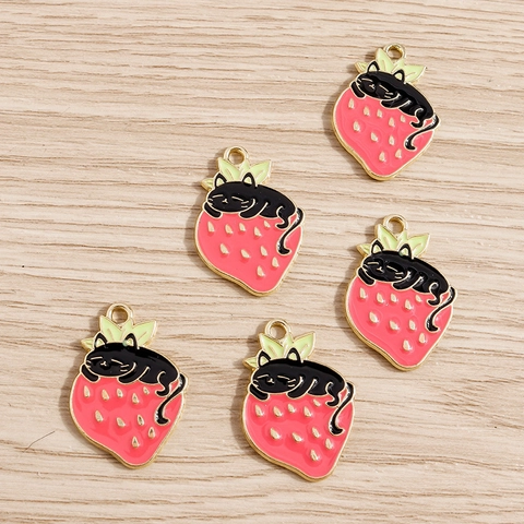 Alloy Enamel Black Cat Strawberry Pendant For DIY Necklace Jewelry Making Accessory Cartoon Animal Charms Rose Red