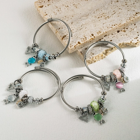 Fashion DIY Charm Bracelet For Women Adjustable Alloy Rhinestone Artificial Pearl Heart Fish Pendant Bangle Jewelry