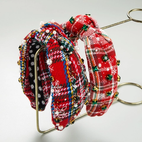 Serre-tête de Noël en Tissu Tartan Noué Avec Strass Perle Artificielle Accessoire de Coiffure Rétro Festif d'Hiver pour Femmes