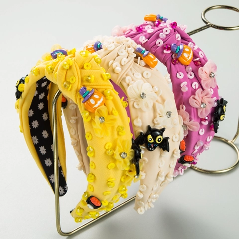 Halloween Pumpkin Bat Rhinestone Headband Floral Sequin Padded Hairband Festival Party Hair Accessories For Women Jewelry Gift