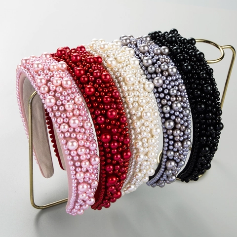 Diadema de Perlas Artificiales de Ala Ancha para Mujer Elegante Diadema de Tela Vintage Fiesta Diario Accesorios para el Cabello