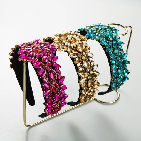 Vintage Baroque Luxury Rhinestone Wide Headband For Women Pave Crystal Floral Padded Hair Band Party Evening Hair Accessories