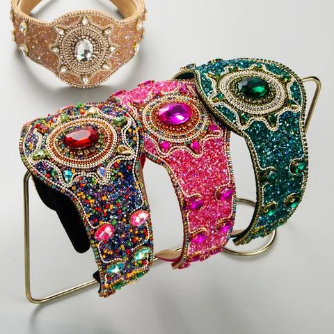 Cerchietto Largo Barocco Ricamato Pesante Strass Lussuoso Stile Palazzo Capelli Imbottito per Donna Gioielli Festa