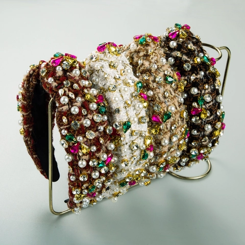 Elegant Tweed Style Wide Headband With Artificial Pearls Colorful Rhinestones Baroque Hairband For Women Party Hair Accessories