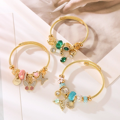 DIY Pandora Style Butterfly Swan Mermaid Bead Spiral Open Bangle Alloy Stainless Steel Rhinestone Adjustable Bracelet For Women