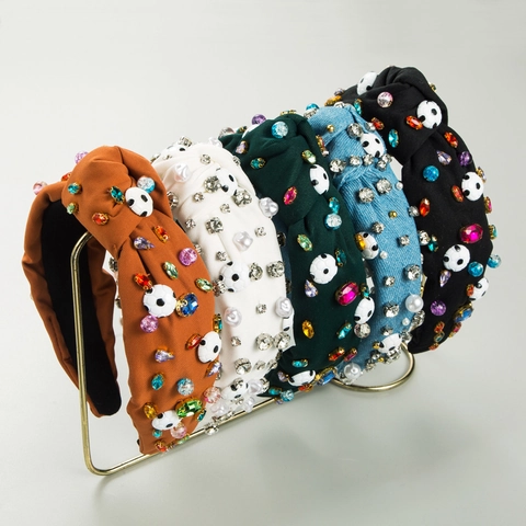 Baroque Fabric Knotted Football Headband Rhinestone Artificial Pearl Wide Hairband Sports Fashion Hair Accessories For Women