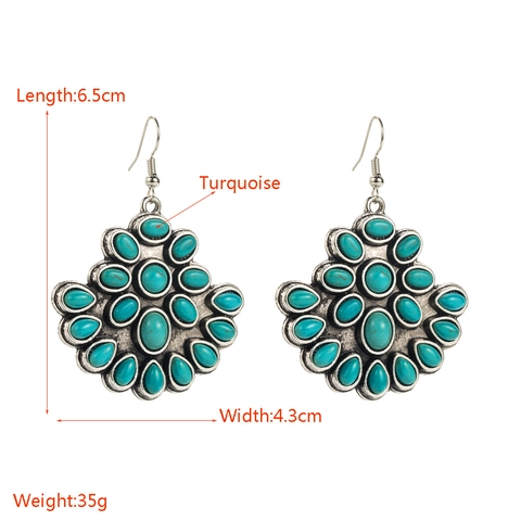 Boho Retro Fächerförmige Legierung Eingelegte Türkis Hänger Ohrringe Für Damen Western Geometrisch Ethno Stil Schmuck Geschenk