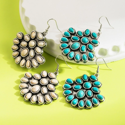 Boho Retro Fächerförmige Legierung Eingelegte Türkis Hänger Ohrringe Für Damen Western Geometrisch Ethno Stil Schmuck Geschenk