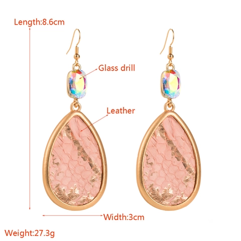 Bohemian Waterdrop Drop Earrings Alloy Gold Plated Leather Python Texture Rhinestone Inlaid Exaggerated Statement For Women