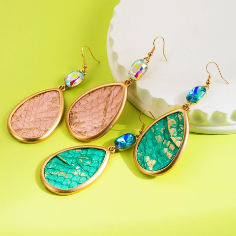 Bohemian Waterdrop Drop Earrings Alloy Gold Plated Leather Python Texture Rhinestone Inlaid Exaggerated Statement For Women