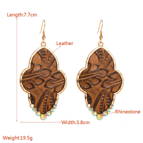 Vintage Bohemian Alloy Gold Plated Faux Leather Leaf Drop Earrings With Colorful Rhinestone For Women Ethnic Jewelry