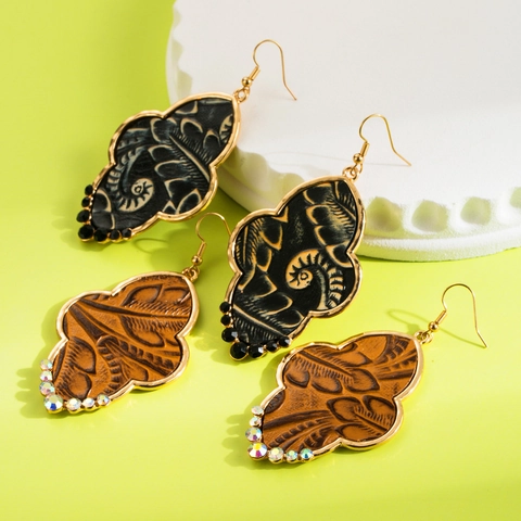 Vintage Bohemian Alloy Gold Plated Faux Leather Leaf Drop Earrings With Colorful Rhinestone For Women Ethnic Jewelry