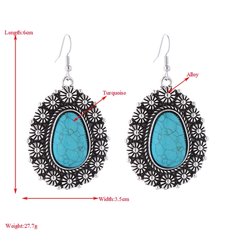 Vintage Alloy Turquoise Drop Earrings Bohemian Ethnic Palace Style Sunflower Carving Hook Earrings For Women Jewelry