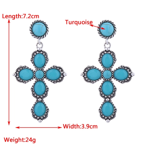 Vintage Bohemian Kreuz Hängeohrringe Für Damen Legierung Künstlicher Türkis Inlay Antik Silber Ethno Stil Party Schmuck