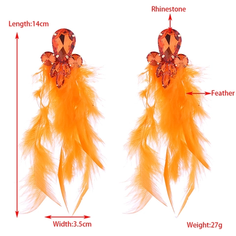 Bohemian Exaggerated Long Feather Drop Earrings Alloy Inlaid Rhinestone Floral Tassel Dangle Earrings For Women Party Wedding Jewelry