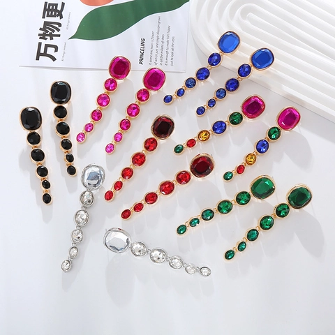 Vintage Lange Hangoorbellen Vrouwen Meerlaags Geometrisch Rond Glas Strass Legering Roestvrij Staal Oorsteker Sieraden