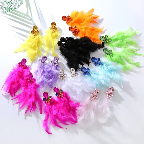 Bohemian Exaggerated Long Feather Drop Earrings Alloy Inlaid Rhinestone Floral Tassel Dangle Earrings For Women Party Wedding Jewelry