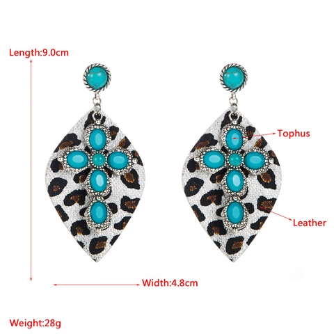 Boucles d'Oreilles Pendantes Feuilles en Cuir Imprimé Léopard Vintage Femmes Alliage Turquoise Croix Bijoux Rétro Cadeau