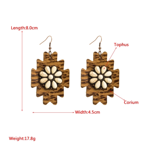 Vintage Bohemian Faux Leather Inlaid Turquoise Flower Drop Earrings For Women Western Geometric Alloy Patterned Dangle Jewelry