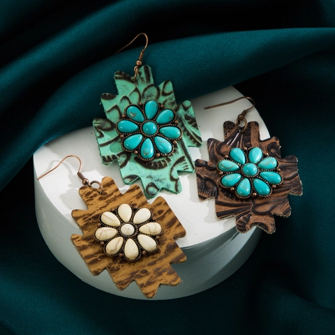 Vintage Bohemian Faux Leather Inlaid Turquoise Flower Drop Earrings For Women Western Geometric Alloy Patterned Dangle Jewelry