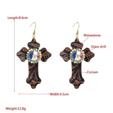 Vintage Kruis Gepreegd Leer Oorhanger Voor Vrouwen Ingelegde Veelkleurige Strass Bohemien Retro Stijl Feestaccessoires Sieraden Cadeau