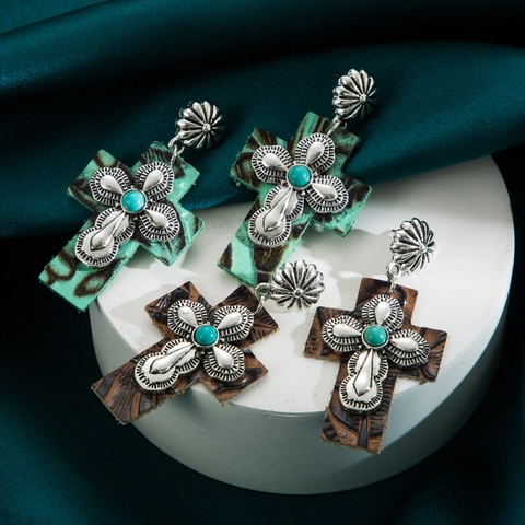 Orecchini Pendenti Croce Vintage Bohémien in Lega di Pelle Goffrata Con Strass Gioielli in Stile Western per Donna