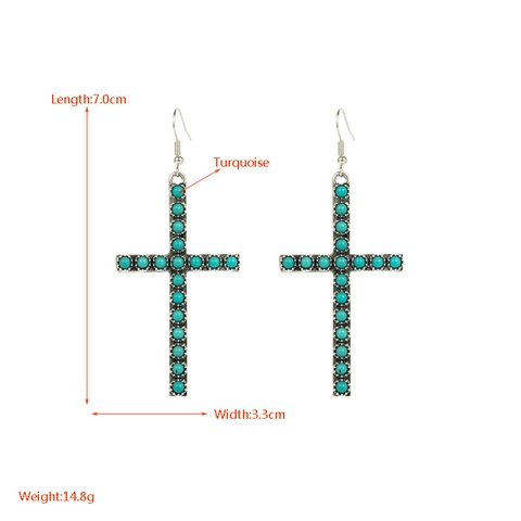 Vintage Boheems Legering Kunstmatige Turkoois Kruis Oorbellen Voor Vrouwen Retro Verzilverde Geometrische Haak Oorbellen Sieraden
