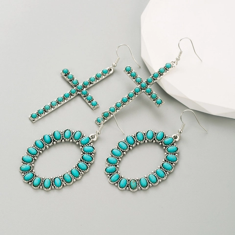 Vintage Boheems Legering Kunstmatige Turkoois Kruis Oorbellen Voor Vrouwen Retro Verzilverde Geometrische Haak Oorbellen Sieraden