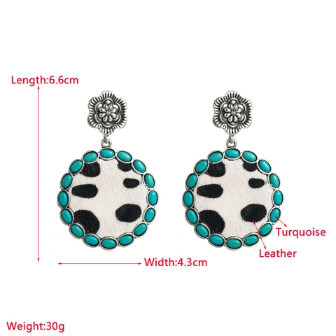 Vintage Round Alloy Earrings Women Bohemian Turquoise Inlaid Cow Print Leather Flower Drop Dangle Earrings Party Jewelry