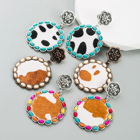 Vintage Round Alloy Earrings Women Bohemian Turquoise Inlaid Cow Print Leather Flower Drop Dangle Earrings Party Jewelry