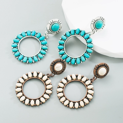 Böhmische Vintage Legierung Türkis Runde Hängeohrringe Für Damen Ethnische Palast Stil Geometrische Kreis Inlay Hängende Ohrringe Schmuck