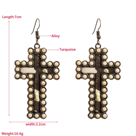 Vintage Alloy Artificial Turquoise Cross Drop Earrings For Women Ethnic Printed Leather Beads Jewelry Minimalist Party Earrings