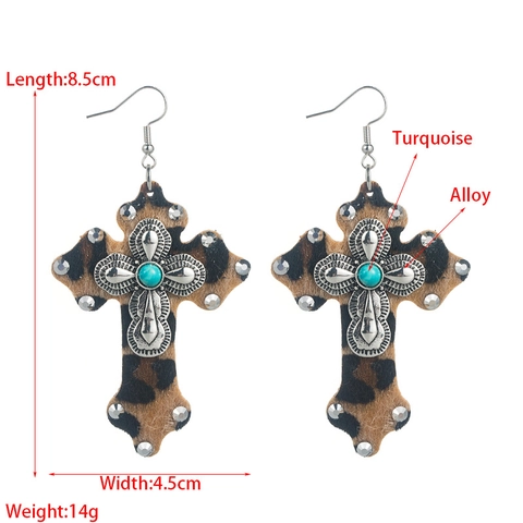 Vintage Bohemian Alloy Cross Drop Earrings With Leopard Cow Print Faux Leather Turquoise Rhinestone Inlaid Jewelry For Women