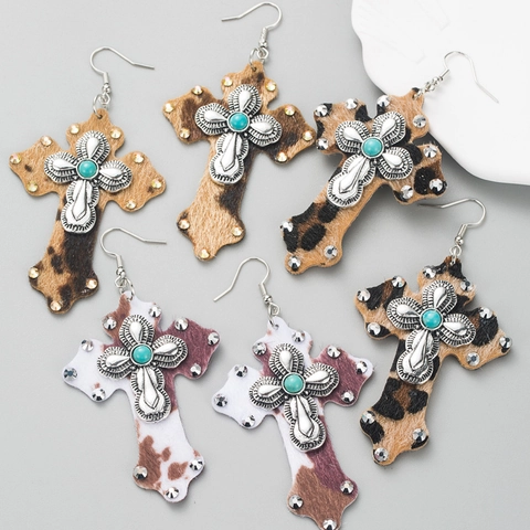 Vintage Bohemian Alloy Cross Drop Earrings With Leopard Cow Print Faux Leather Turquoise Rhinestone Inlaid Jewelry For Women