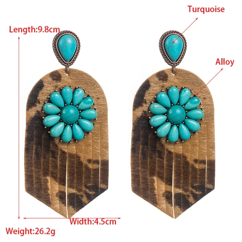 Boucles d'Oreilles Pendantes Vintage Bohème Alliage Turquoise Imprimé Léopard Vache Similicuir Franges Pour Femmes Bijoux