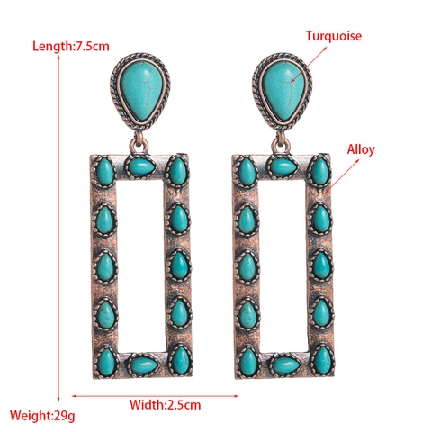 Vintage Bohemian Legierung Rechteckige Ohrhänger Mit Wassertropfen Türkis Edelsteinen Retro Kupfer Finish Damen Schmuck